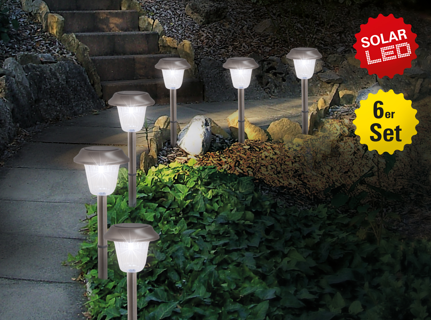 6er-Set Solar-LED-Erdspieß - stahl