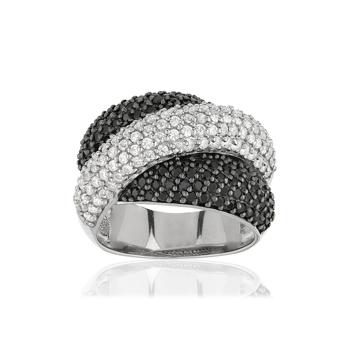 Bague argent 925 entrelacée zirconias noirs et blancs