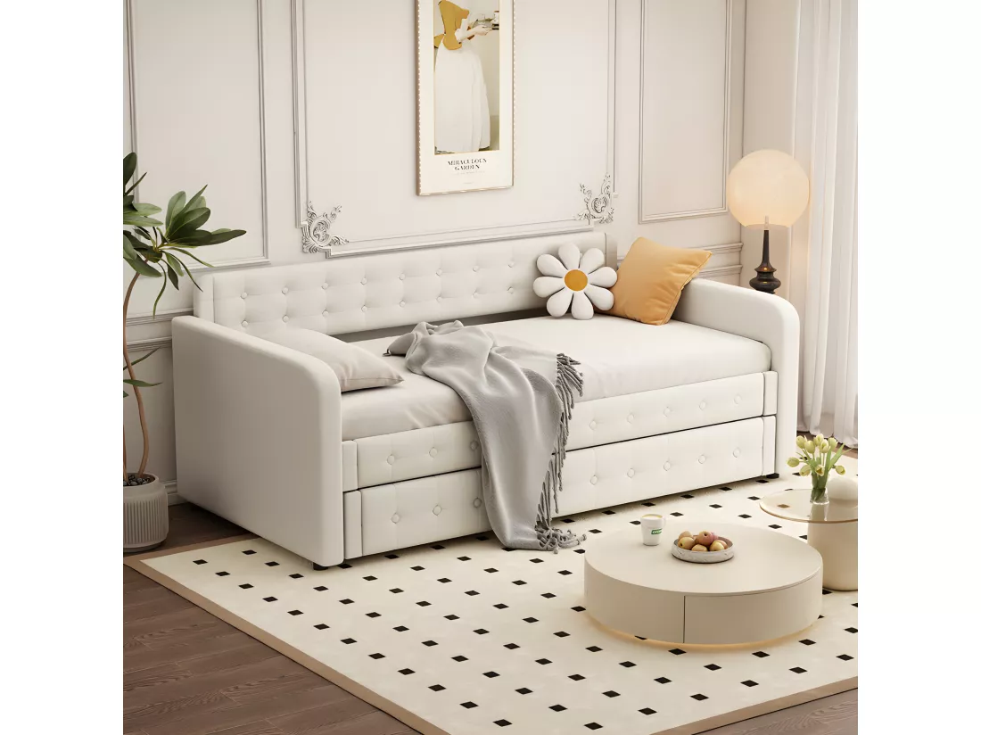 Lit gigogne 90x190/200cm en tissu de lin - avec sommier à lattes - Beige clair