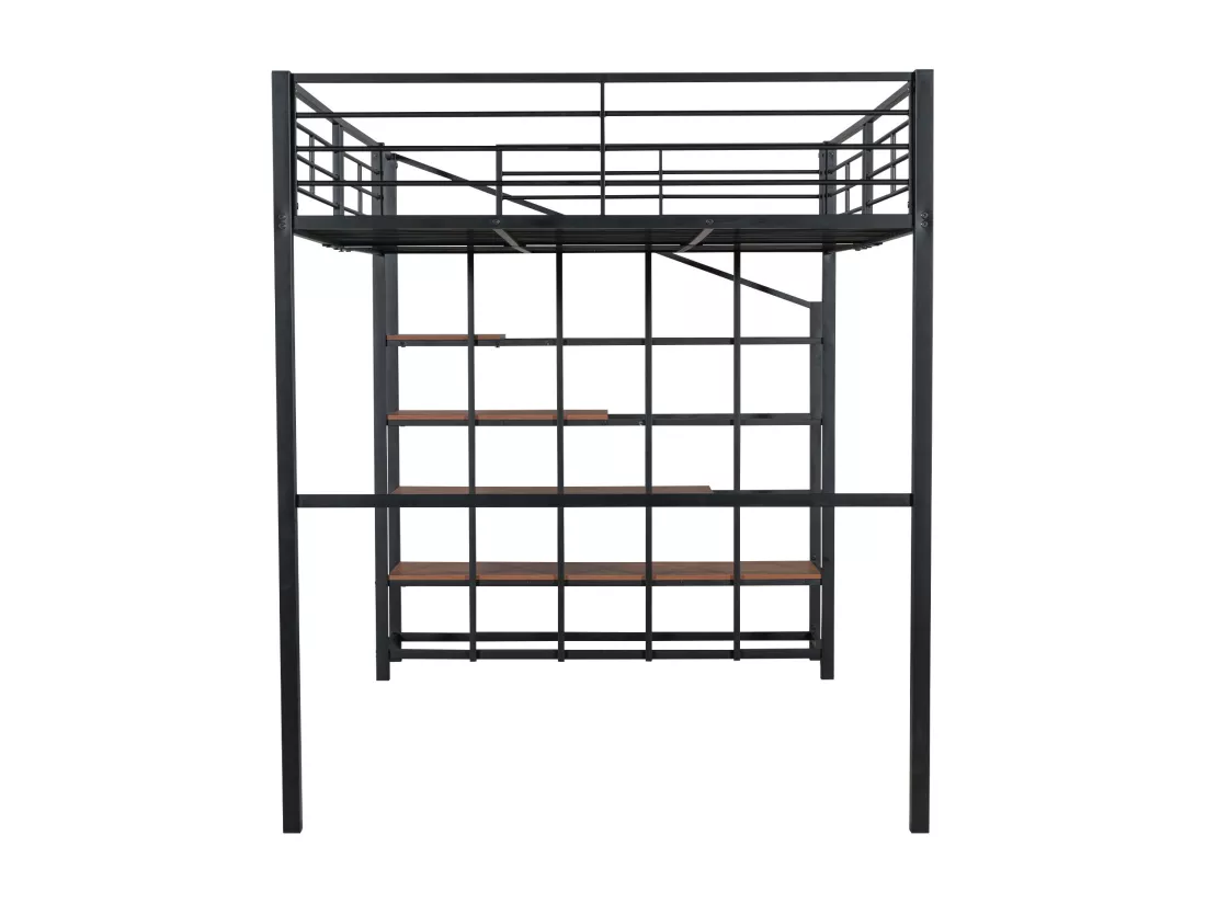 Lit mezzanine 140 x 200 cm avec grand escalier - Métal + Contreplaqué + MDF - Sommier à lattes - Noir