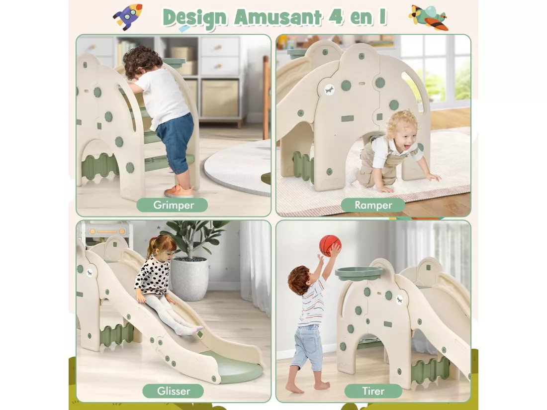 4 en 1 Toboggan Enfant en Forme Éléphant avec Panier de Basketball, en HDPE avec Ballon, Aire de Jeux pour Glisser & Grimper, Charge 50kg pour 18 Mois+ (Vert)