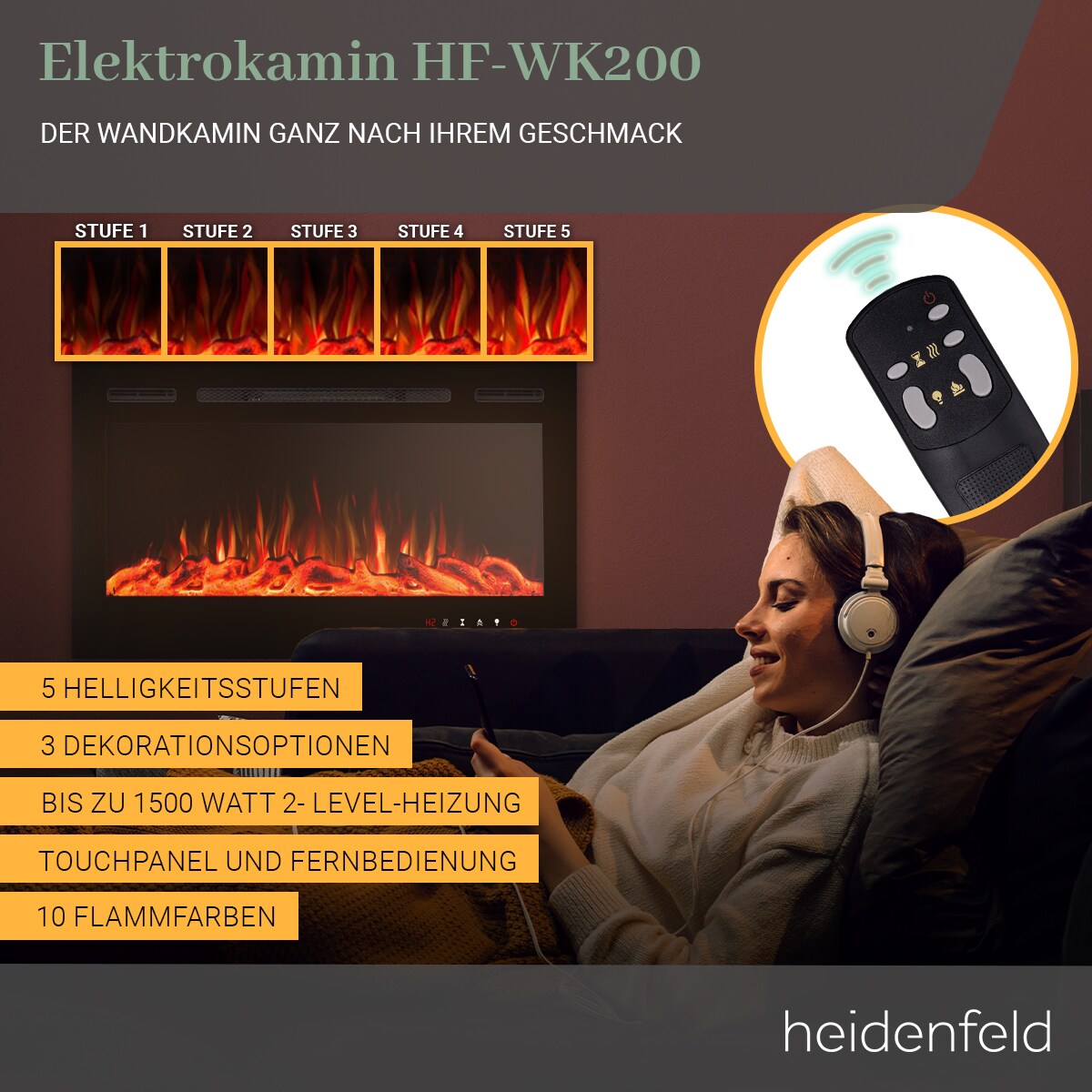 Heidenfeld Elektrokamin HF-WK200, 6 Größen, weiß/schwarz, Wandeinbau, 3D-Flammeneffekt in 10 Farben (Schwarz, 92 x 55 cm)