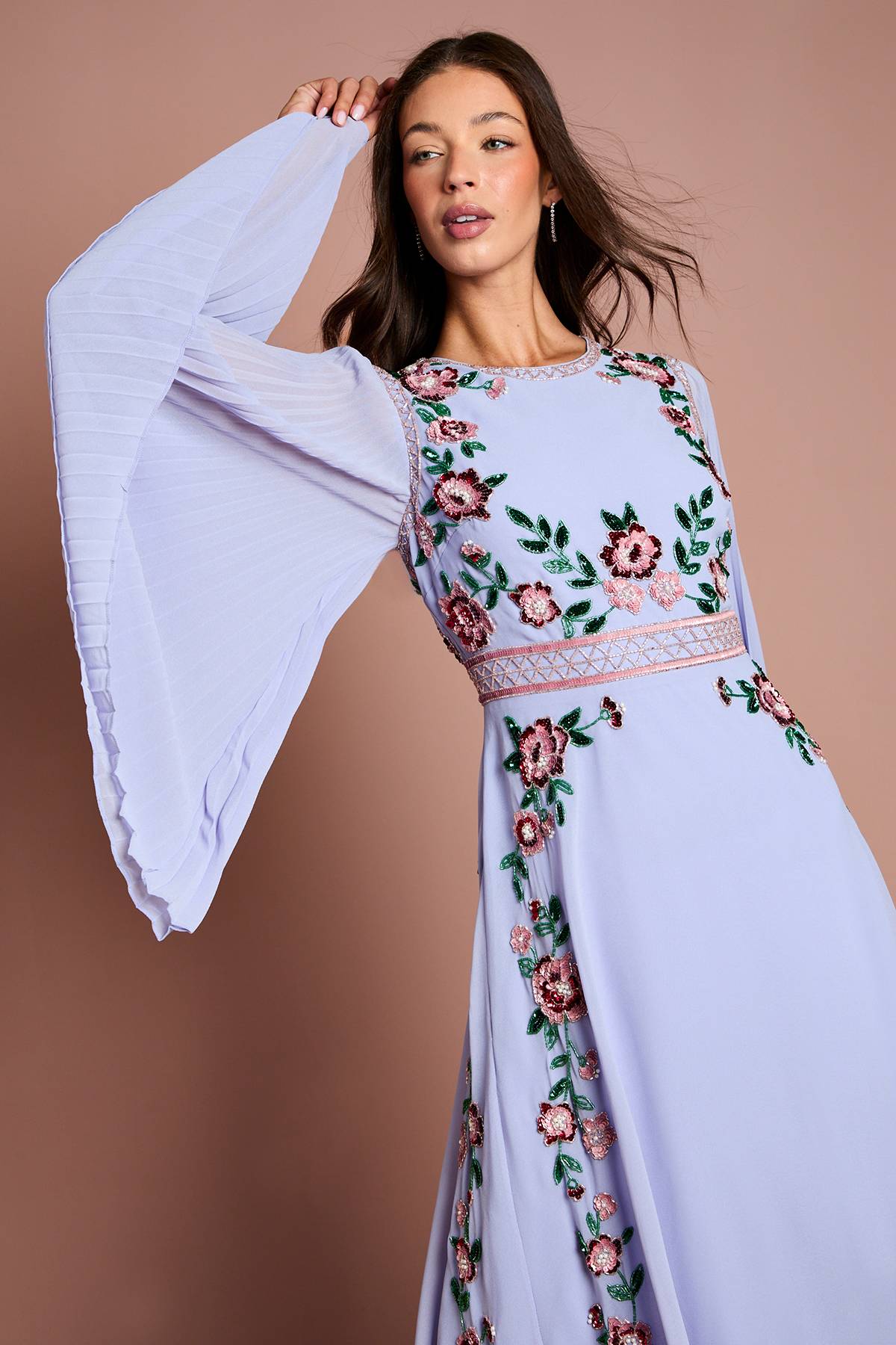 Coast Robe Midi À Fleurs Perlées Et Manches Plissées