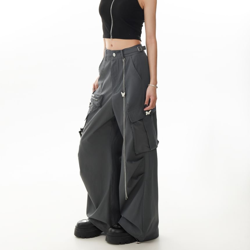 Shineon Studio - Set: Hoge taille, effen, wijde pijpen, cargobroek + tailleketting