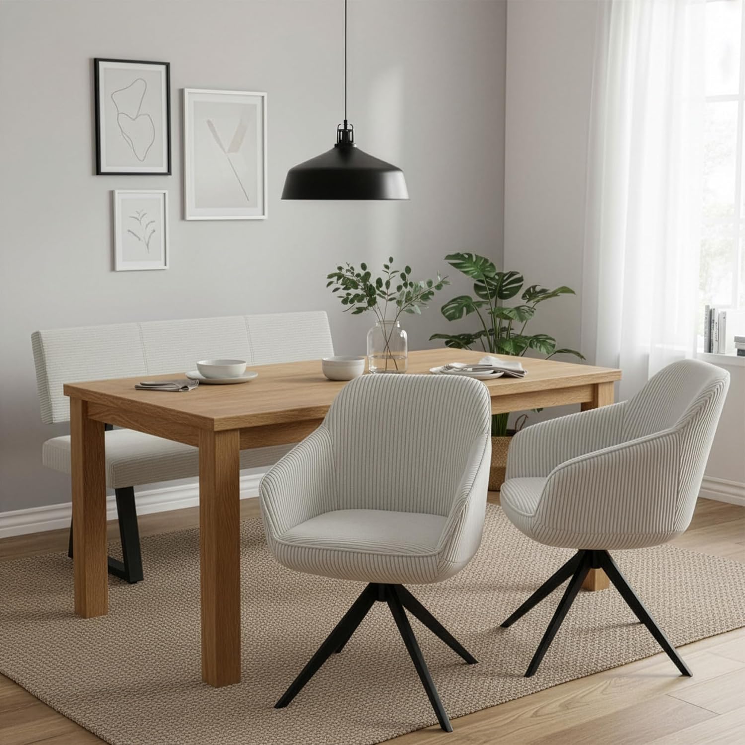 B&D home® Esszimmerstuhl ARVIT drehbar – mit Armlehnen, 360° Drehfunktion, Moderner Cordstoff in hell Grau, Metallgestell schwarz, komfortabel gepolstert