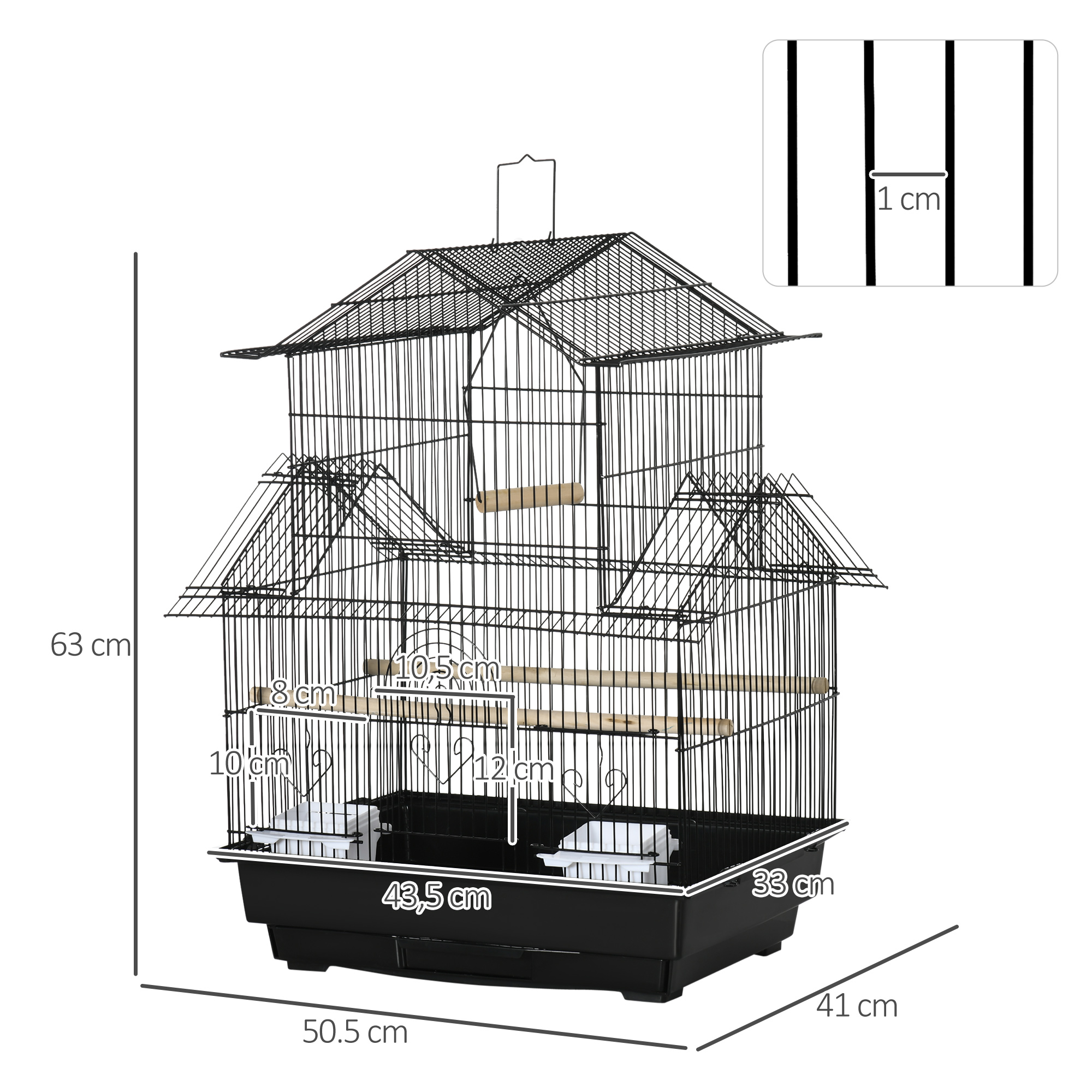 Gaiola para pássaros PawHut, 39x33x47 cm, em metal, com 3 portas, 2 comedouros, 2 poleiros, balanço, bandeja removível e alça para transporte, ideal para canários e periquitos. Cor: Preta.