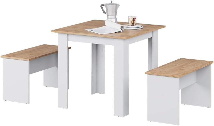 Vicco Esstisch Set Sentio, Weiß/Goldkraft Eiche, 80 x 80 cm mit 2 Bänken