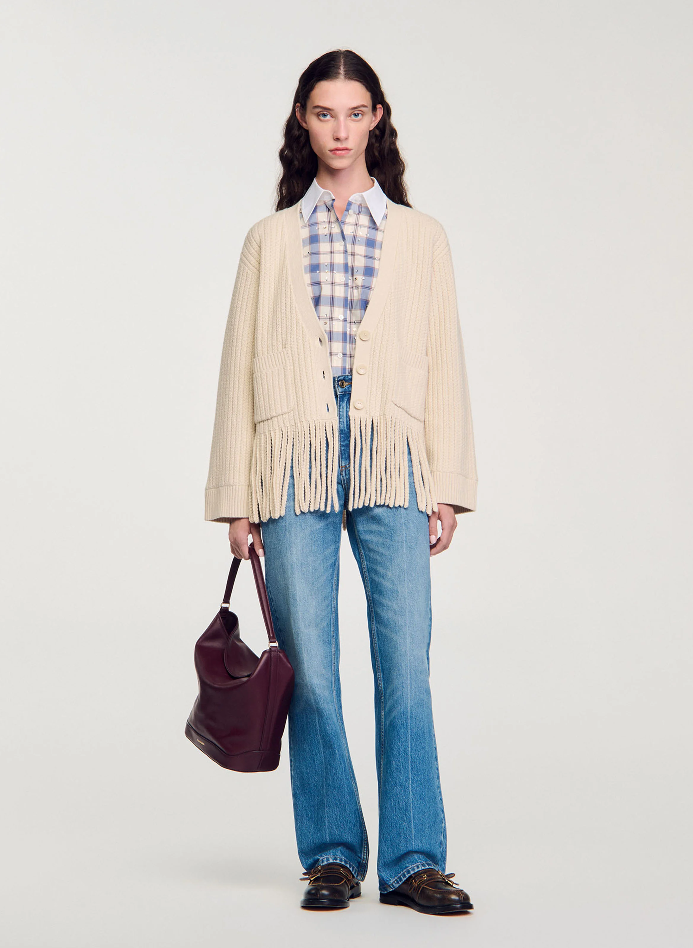 Gilet décolleté V en laine et en coton mélangés | Blanc