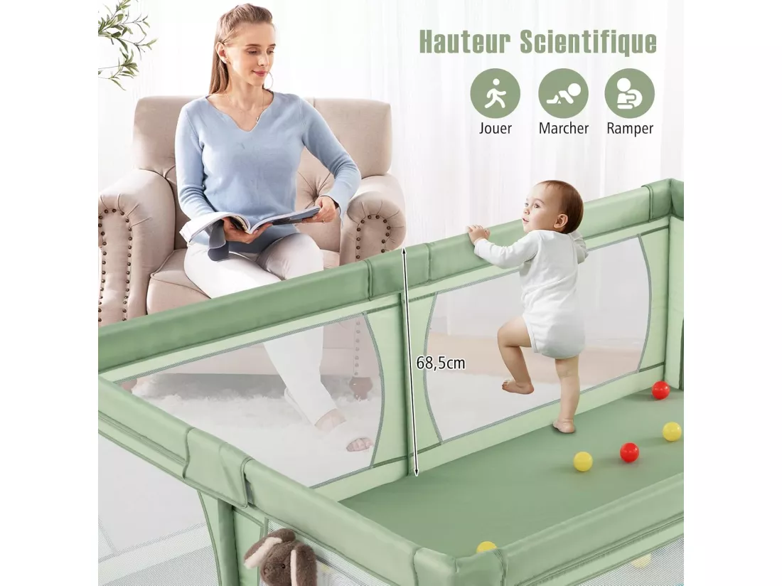 Parc pour Bébé avec 50 Balles Océaniques, Clôture pour Tout-Petits avec Maille Respirante, Centre d'Activités avec Base Antidérapante et Grande Porte à Fermeture Eclair, 206×147×68,5CM (Vert)