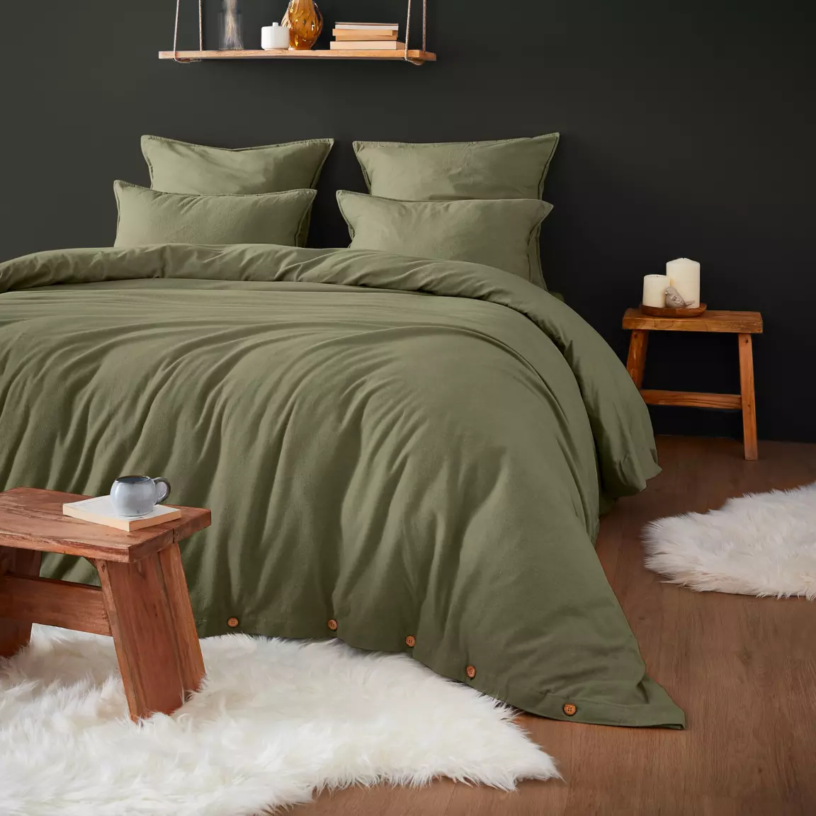 Housse de couette flanelle de coton (260 x 240 cm) Théa Vert romarin
