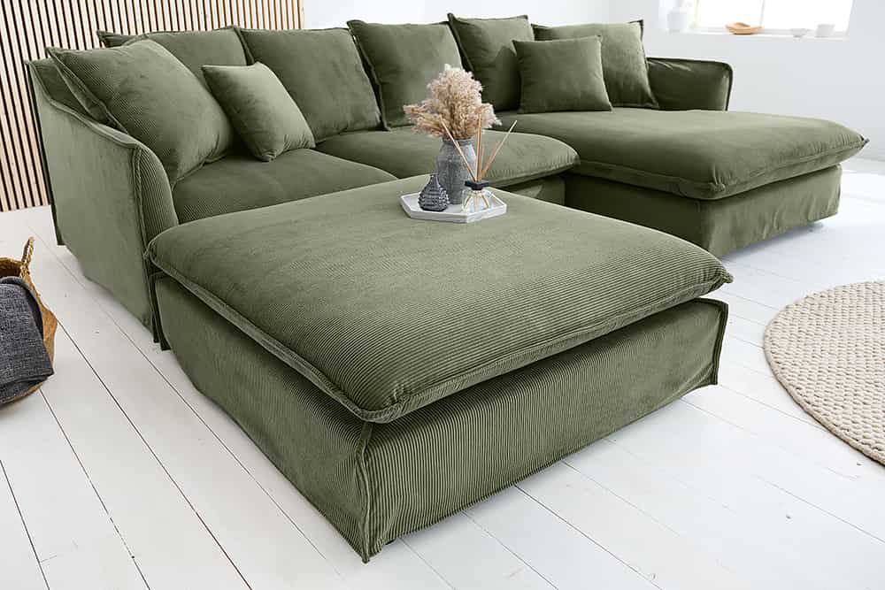 Großer Sitzhocker HEAVEN 100cm grün Cord Sofahocker abnehmbarer Bezug
