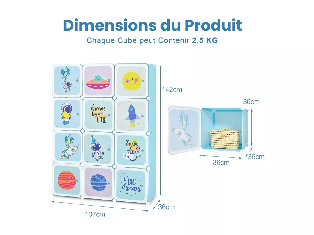 Meuble Rangement Enfants 12 Cubes avec Motif de Cosmique, Armoire Modulable Enfants avec Cadre Métallique, Charge 2,5kg pour Vêtements Chaussures Jouets, 107 x 36 x 142 CM