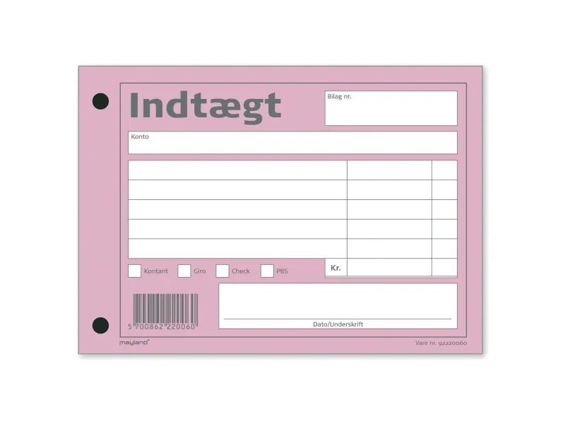 Indtægtsbilag Mayland, 147 x 105 mm, 2 huller, rosa 100 ark