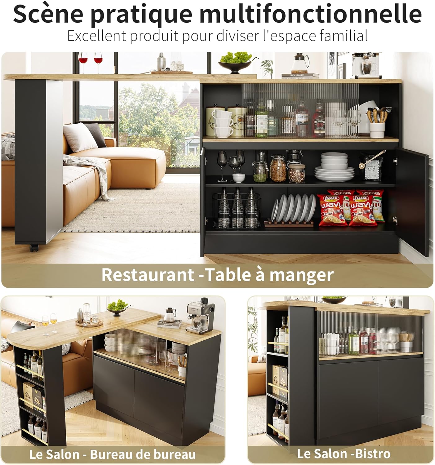 Azkoeesy Bartisch Esstisch 360° drehbare mit Stauraum, 90 x 45 x 100-165 cm, mit Rollen, Seitenregal, Schiebetüren aus Glas, Stehtisch/Bistrotisch/Hochtisch/Kücheninsel, schwarz