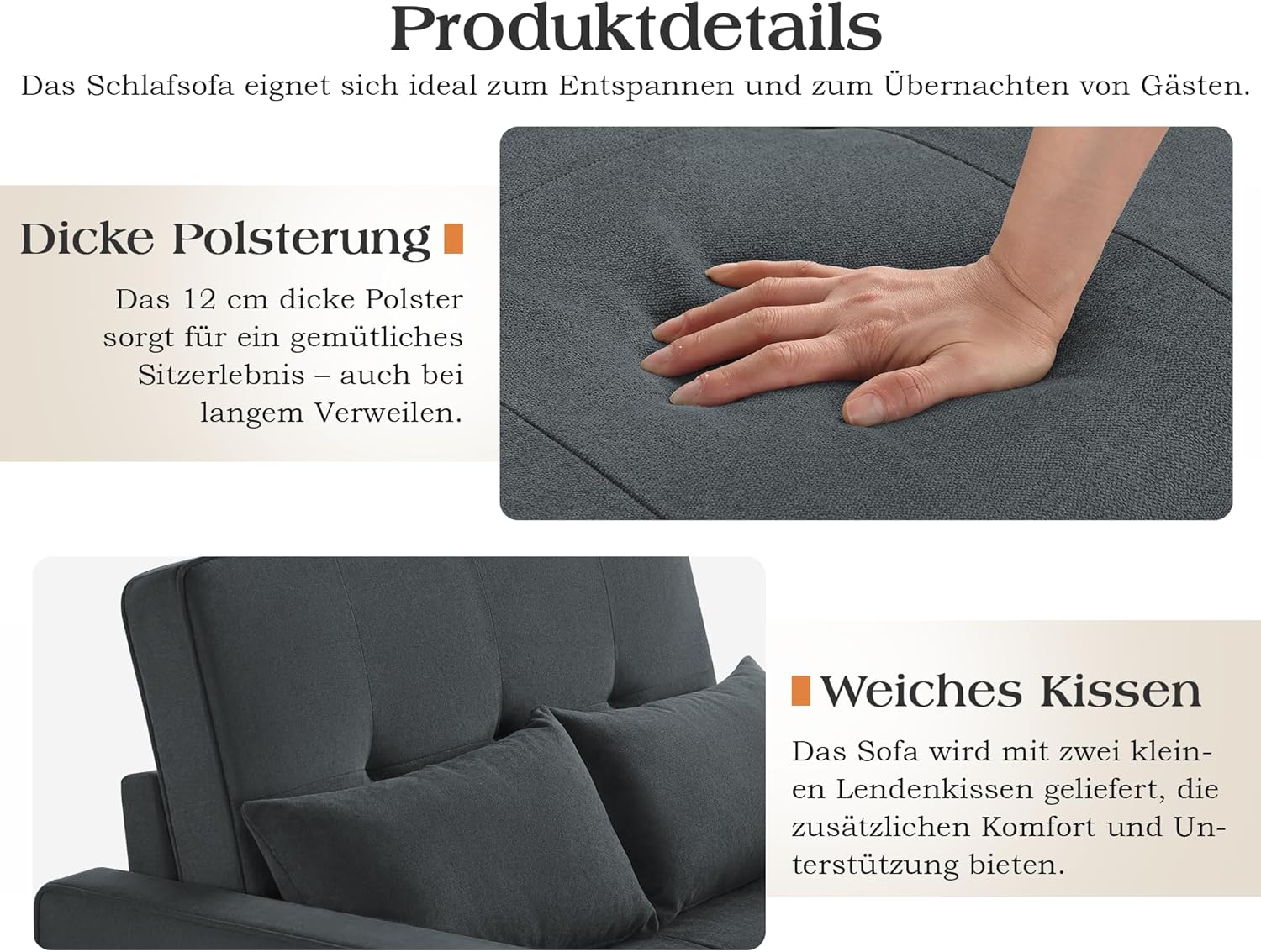 Schlafsofa 186 x 122 cm mit 5-stufig Verstellbarer Rückenlehne, 3-in-1 Schlafcouch mit Kissen und Seitentasche, graues Leinen-Sofa für Gästezimmer & kleine Räume