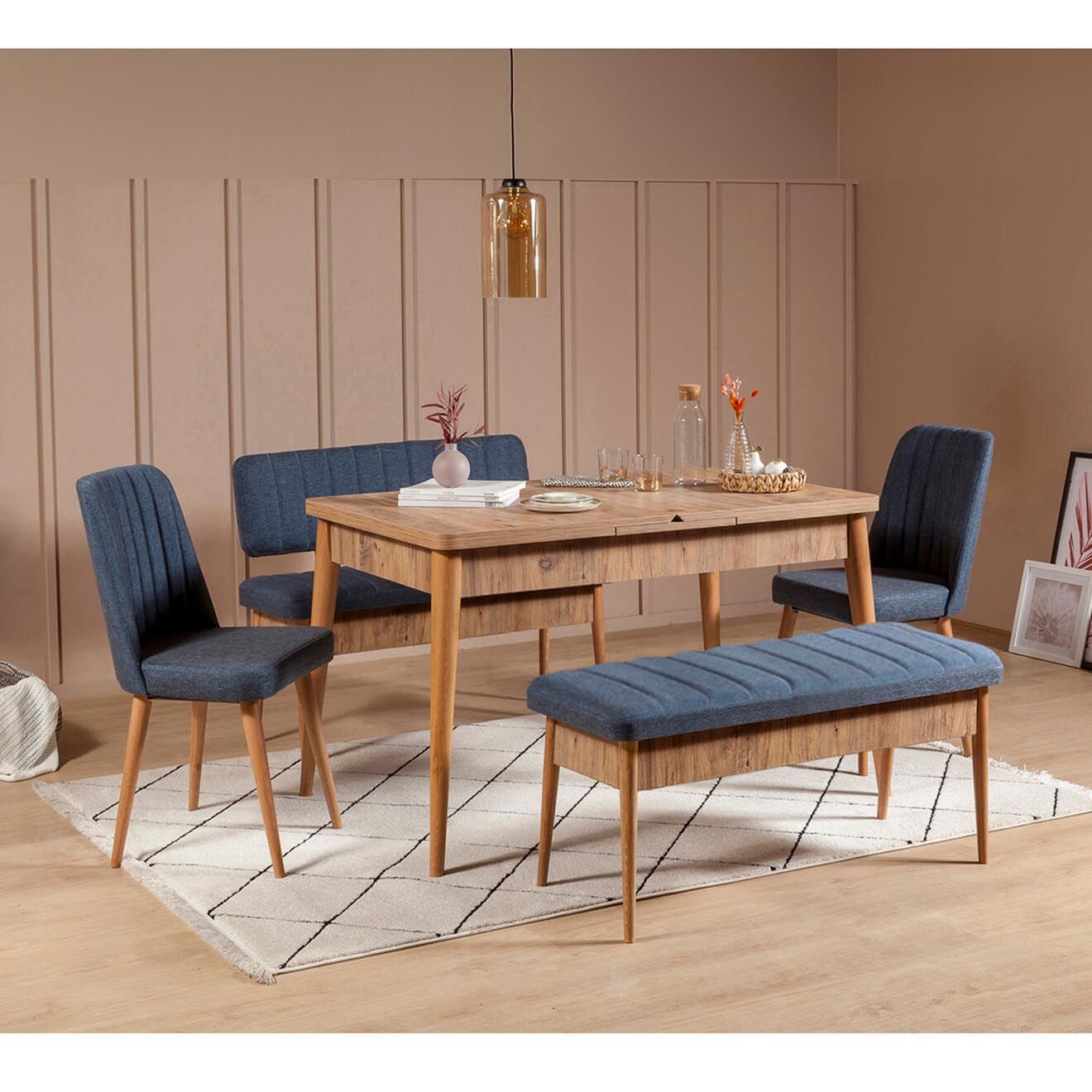 Homitis Ensemble Table + 2 Chaises + 2 Bancs Vina 1048 beige/bleu foncé