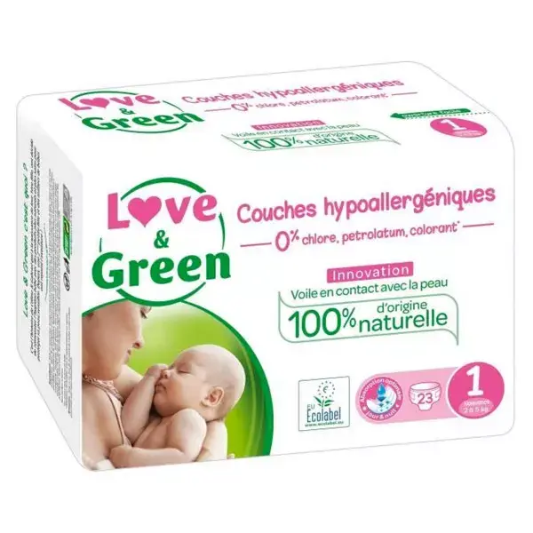 Fraldas hipoalergênicas Love & Green, tamanho 1 (2-5 kg), pacote com 23 unidades.