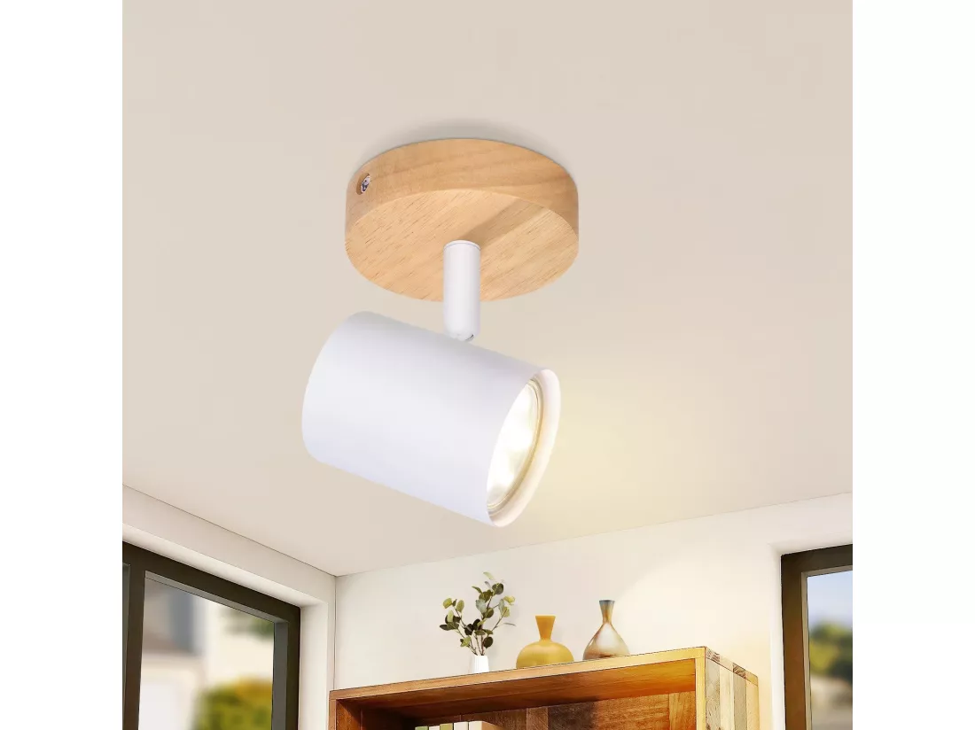 NETTLIFE Plafonnier LED 1 flamme - Blanc Plafonnier GU10 Spot pivotant Applique murale en bois Spot mural pour salon chambre Sans ampoule