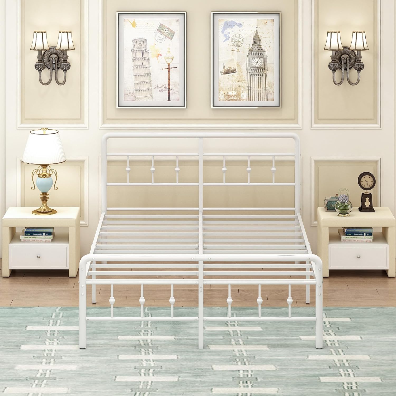 EMODA Bettgestell 120 x 200 cm, Metallbett Doppelbett mit Kopfteil und Fußteil im viktorianischen Stil, 36 cm hoch mit Stahl-Lattenrost, Geräuschfrei, Einfache Montage, Weiß