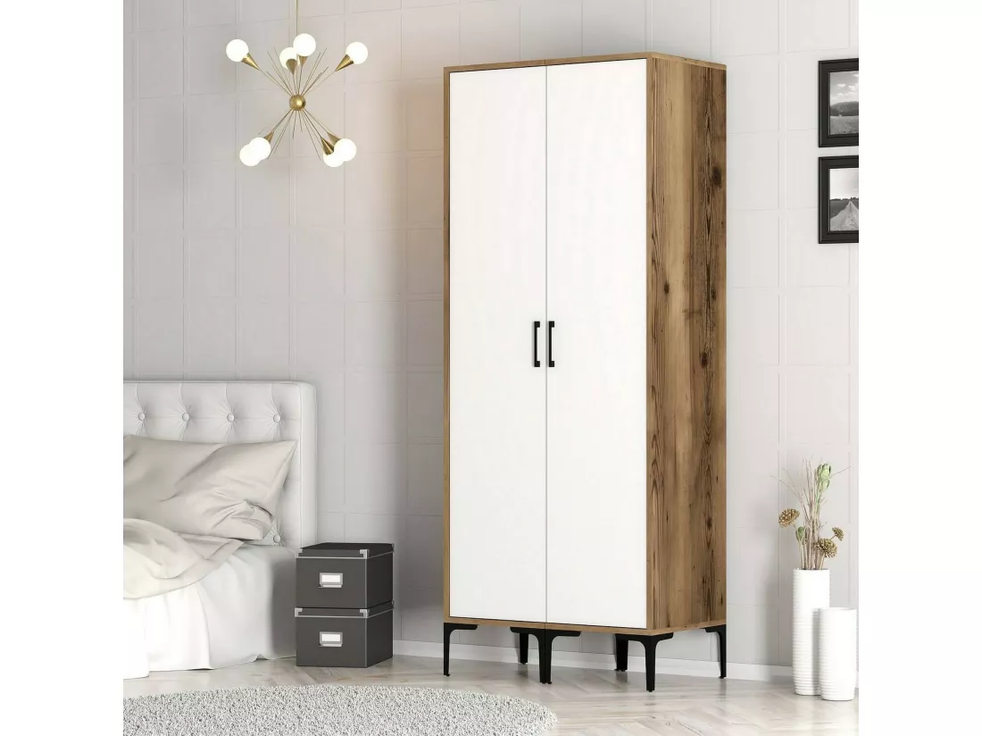 Garde-robe 2 portes Dbonanse, Meubles de chambre, Penderie de plain-pied, Placard à vêtements, 80x201h48 cm, Blanc et Noyer