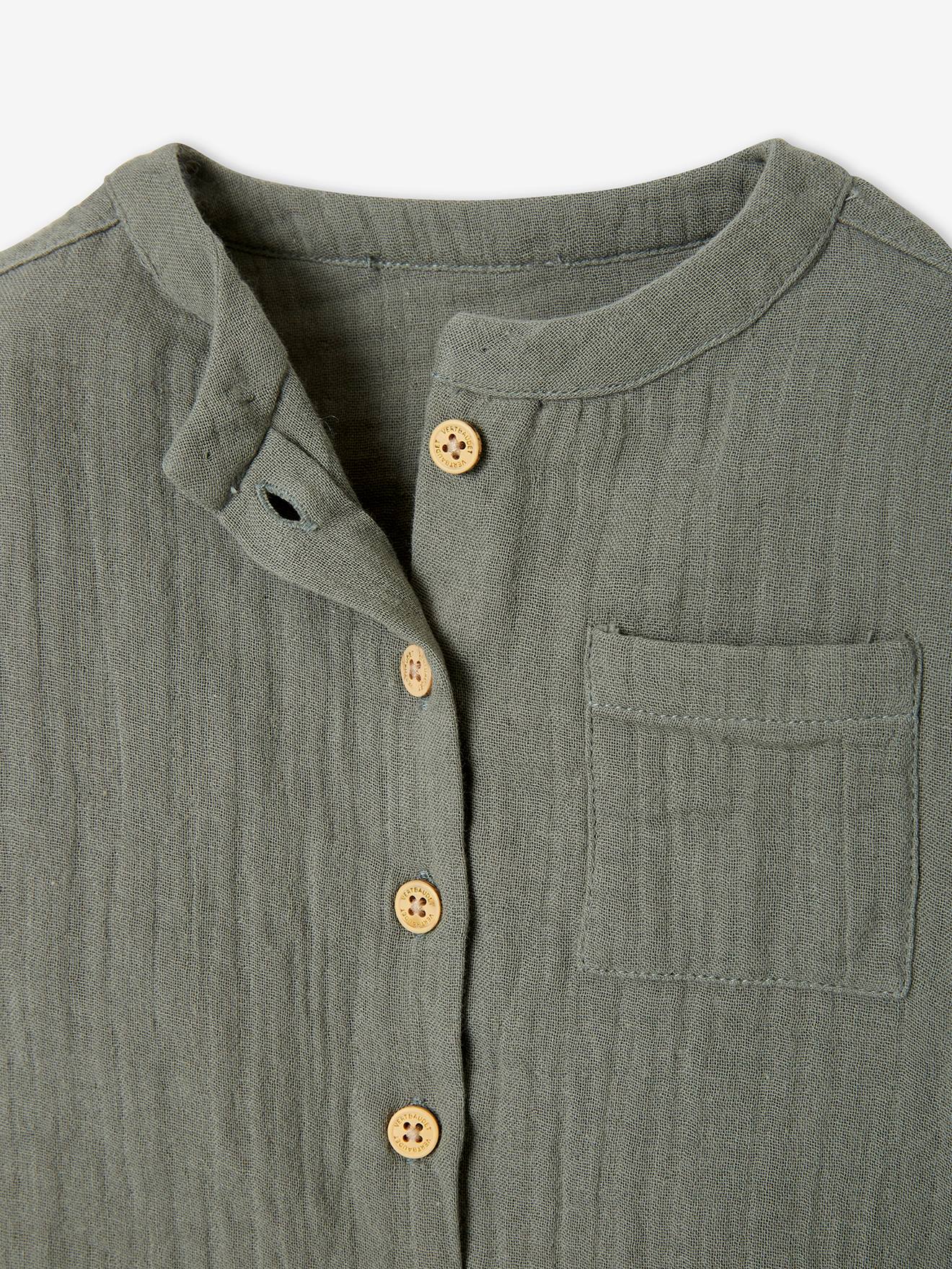 Camisa de algodão chiffon personalizável com gola mandarim para bebê.