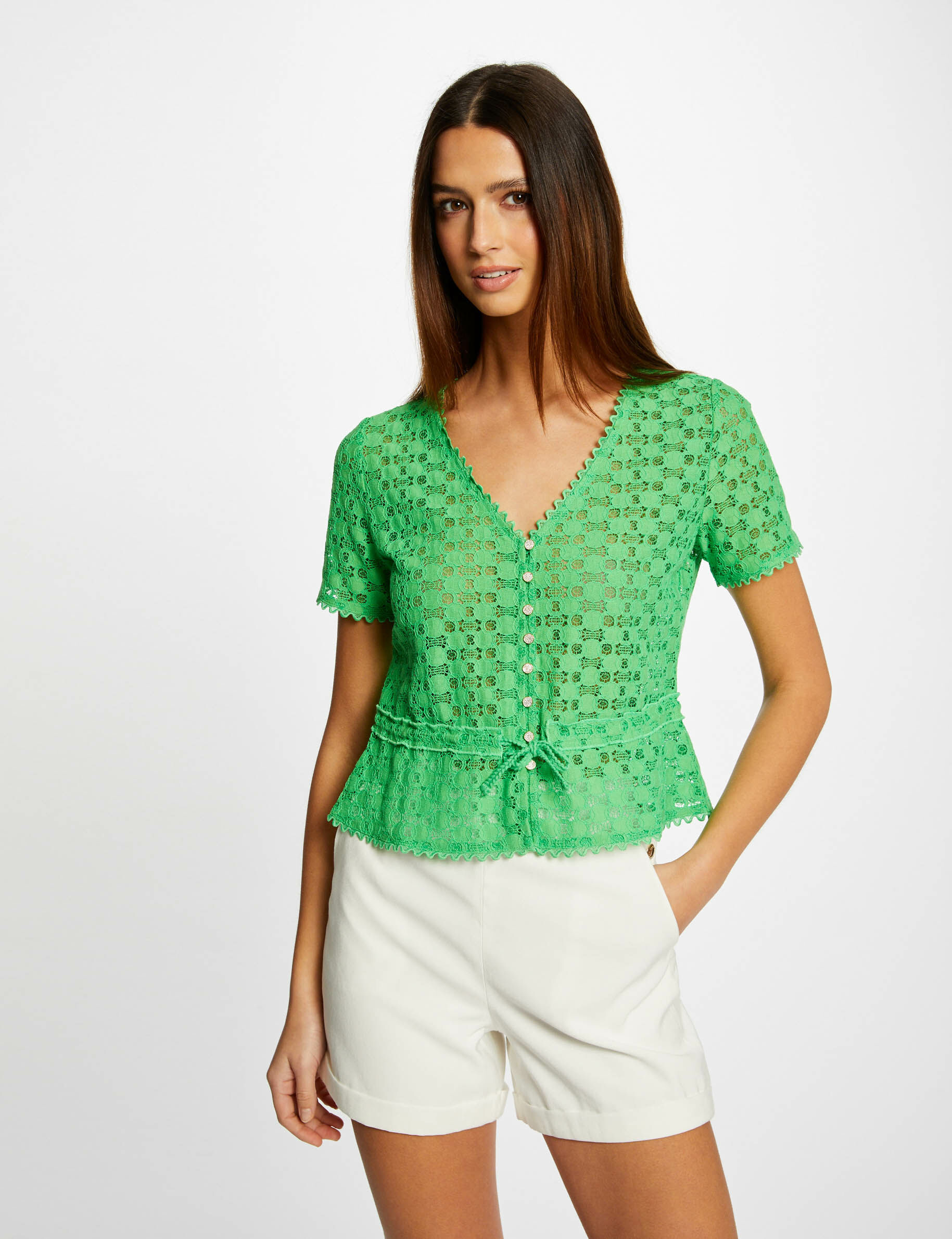 T-shirt manches courtes en dentelle vert femme - vert