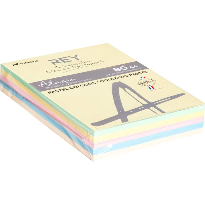 Papier A4 couleurs pastel 80 g Rey Adagio - Ramette de 5 x 100 feuilles