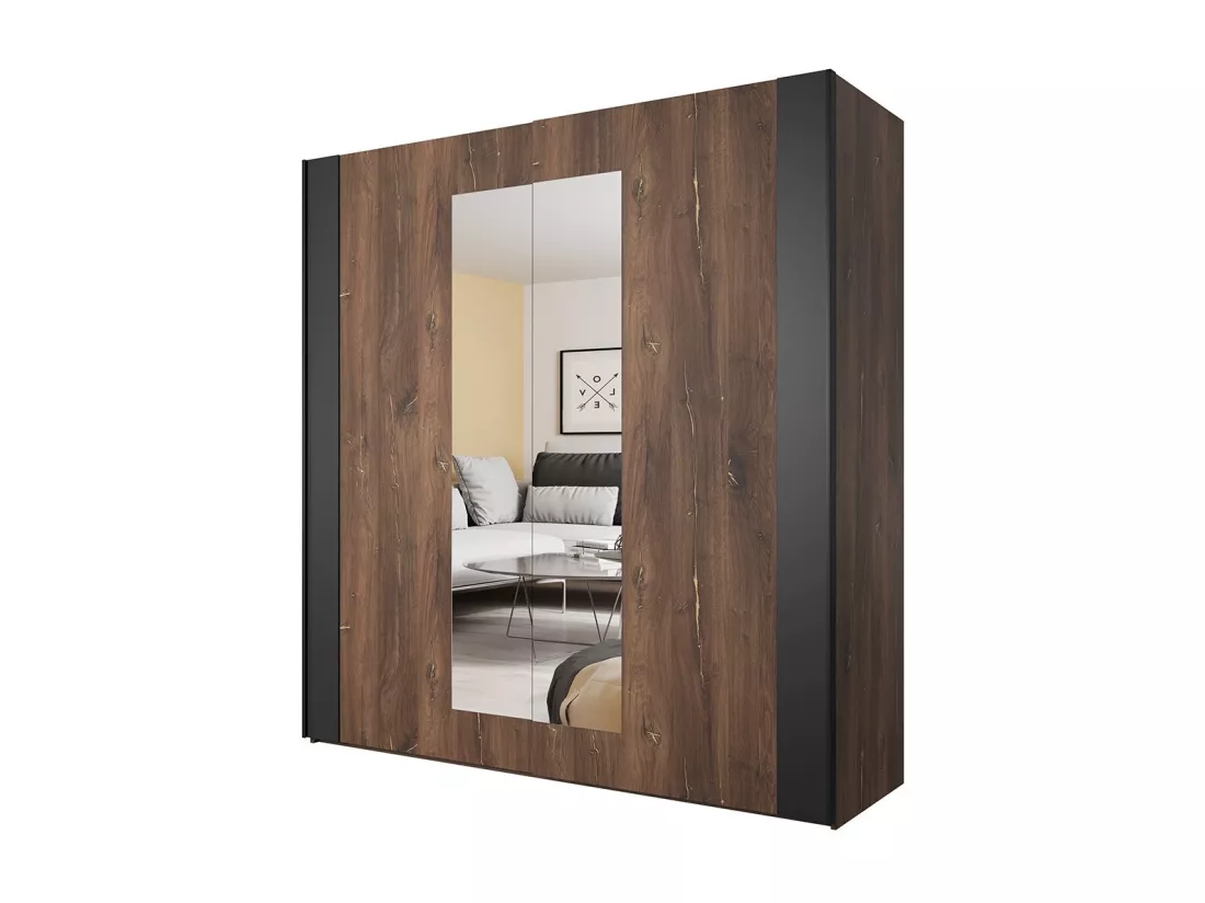 Chambre complète FOX – Lit coffre 180x200, sommier inclus, Armoire, Commode, Chevets – Chêne foncé