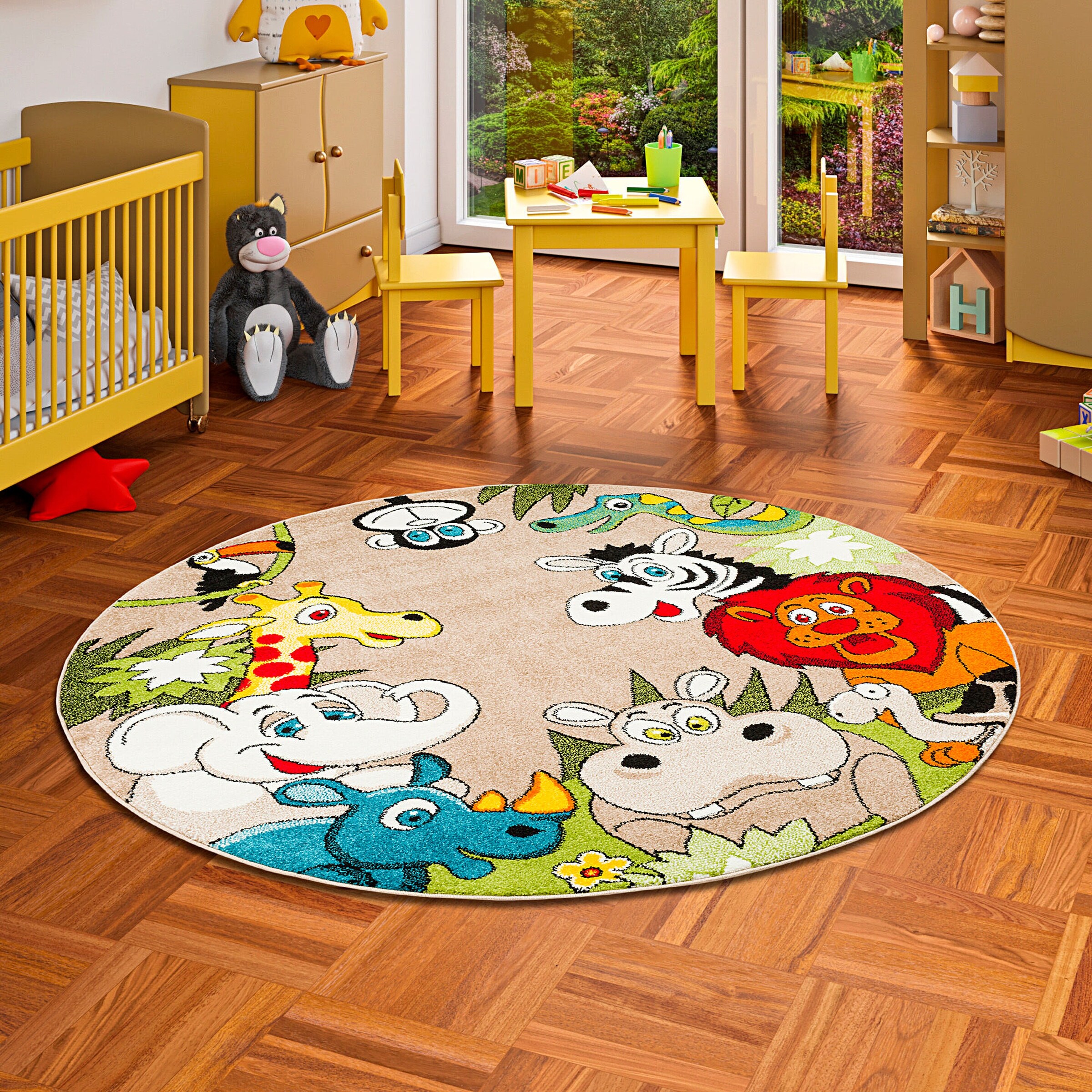 Pergamon Kinder Teppich Faro Safari Bunt Tiere Rund Bunt - 120x120 cm