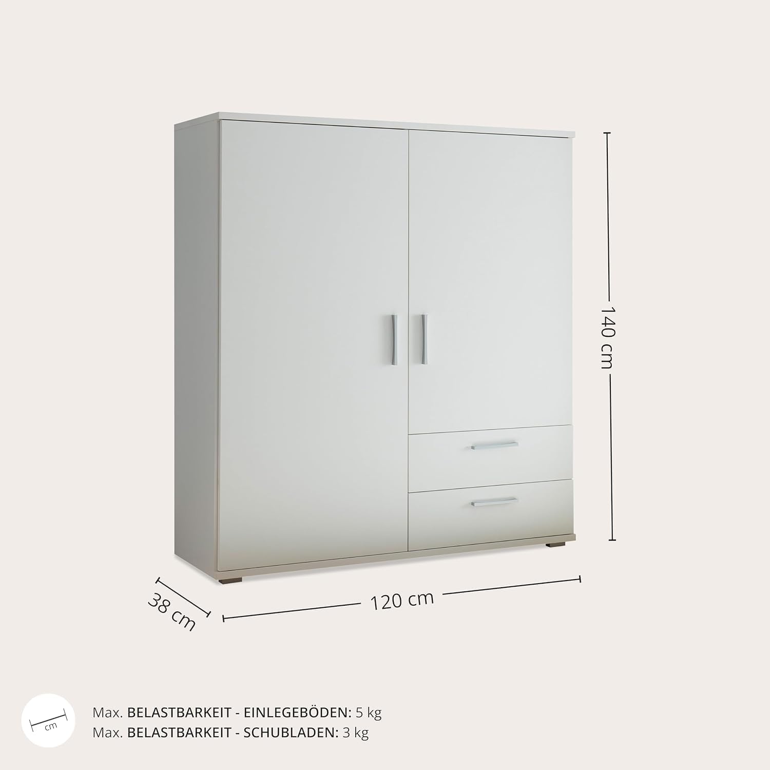Stella Trading Adeline Kommode – Elegante Schlafzimmer-Kommode mit 2 Türen & 2 Schubkästen in Weiß – stilvolles & funktionales Möbel mit Teleskop-Kleiderstange – 120 x 140 x 38 cm (B/H/T)