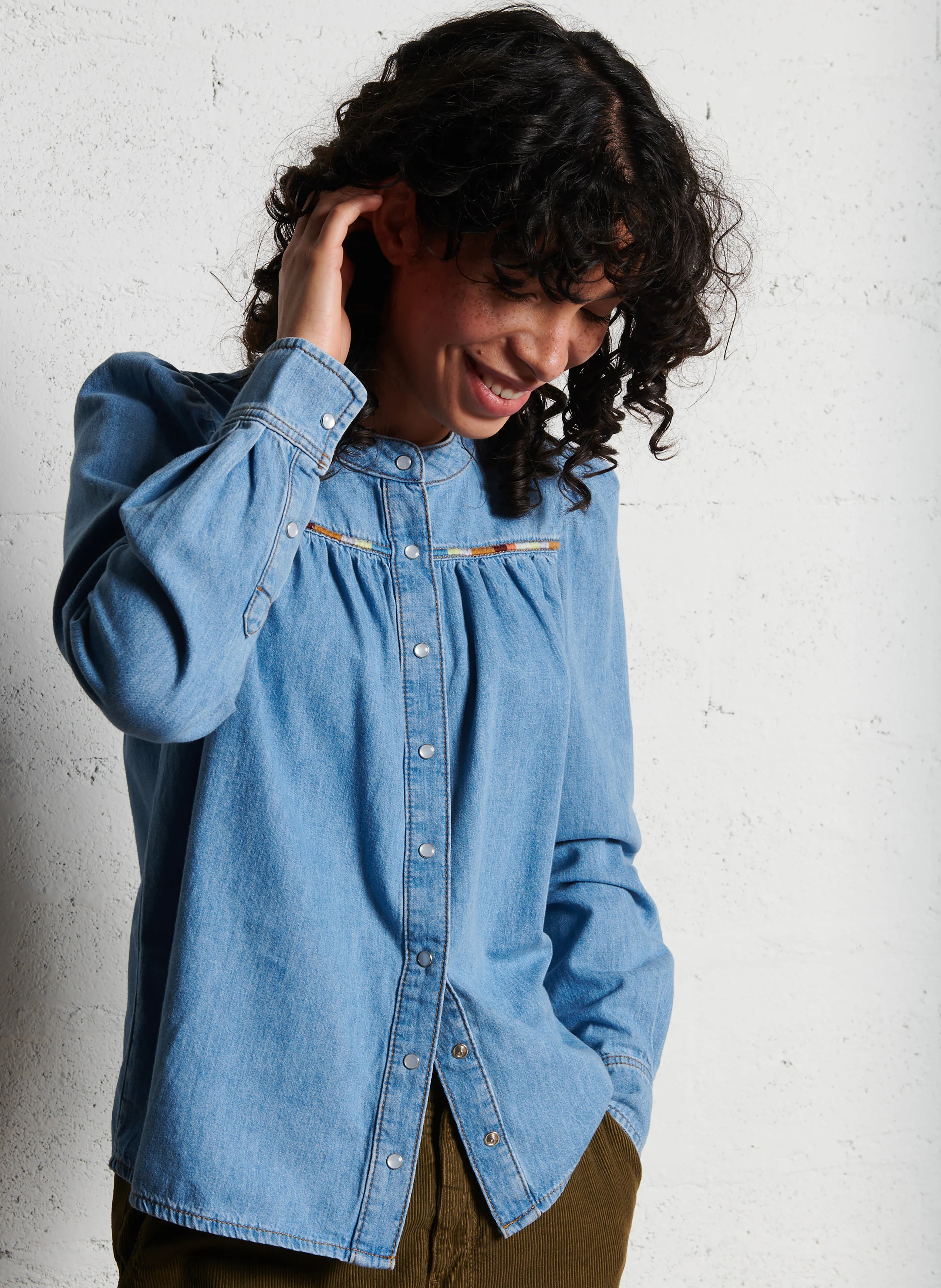 LWILLAC - Chemise en denim ample col mao en coton | Bleu