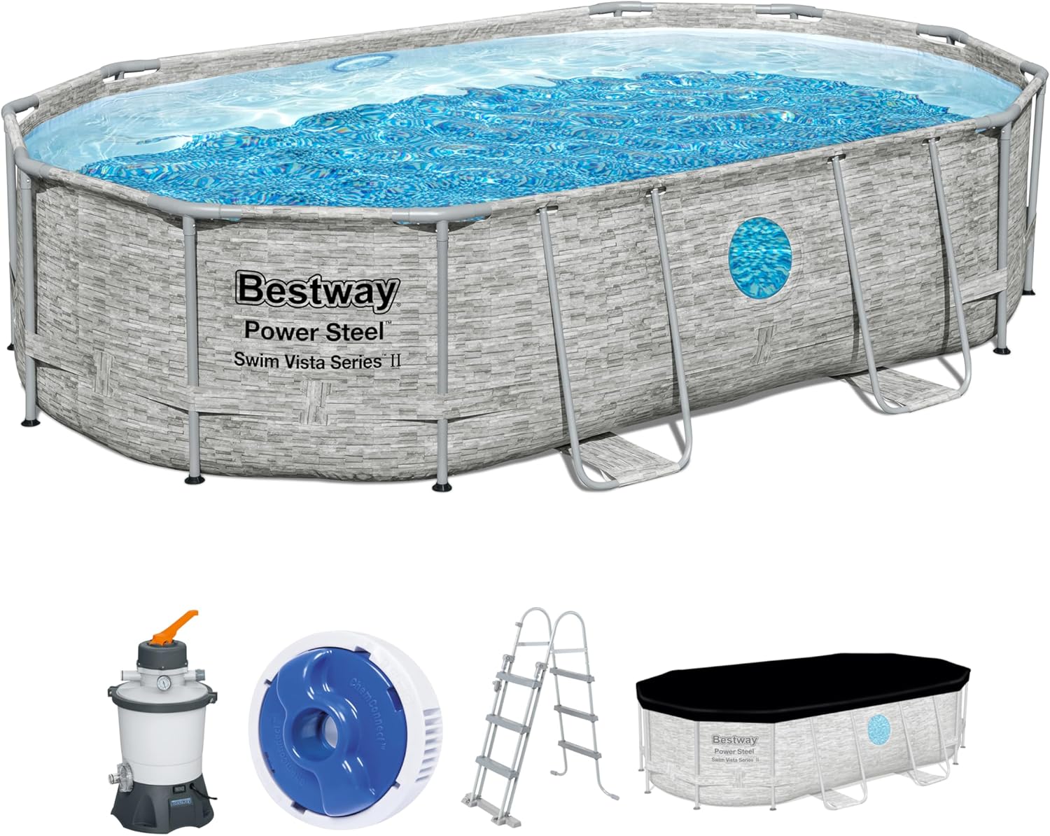 Bestway Power Steel Swim Vista Series Frame Pool Komplett-Set mit Sandfilteranlage 488 x 305 x 107 cm, Steinwand-Optik (Cremegrau), oval