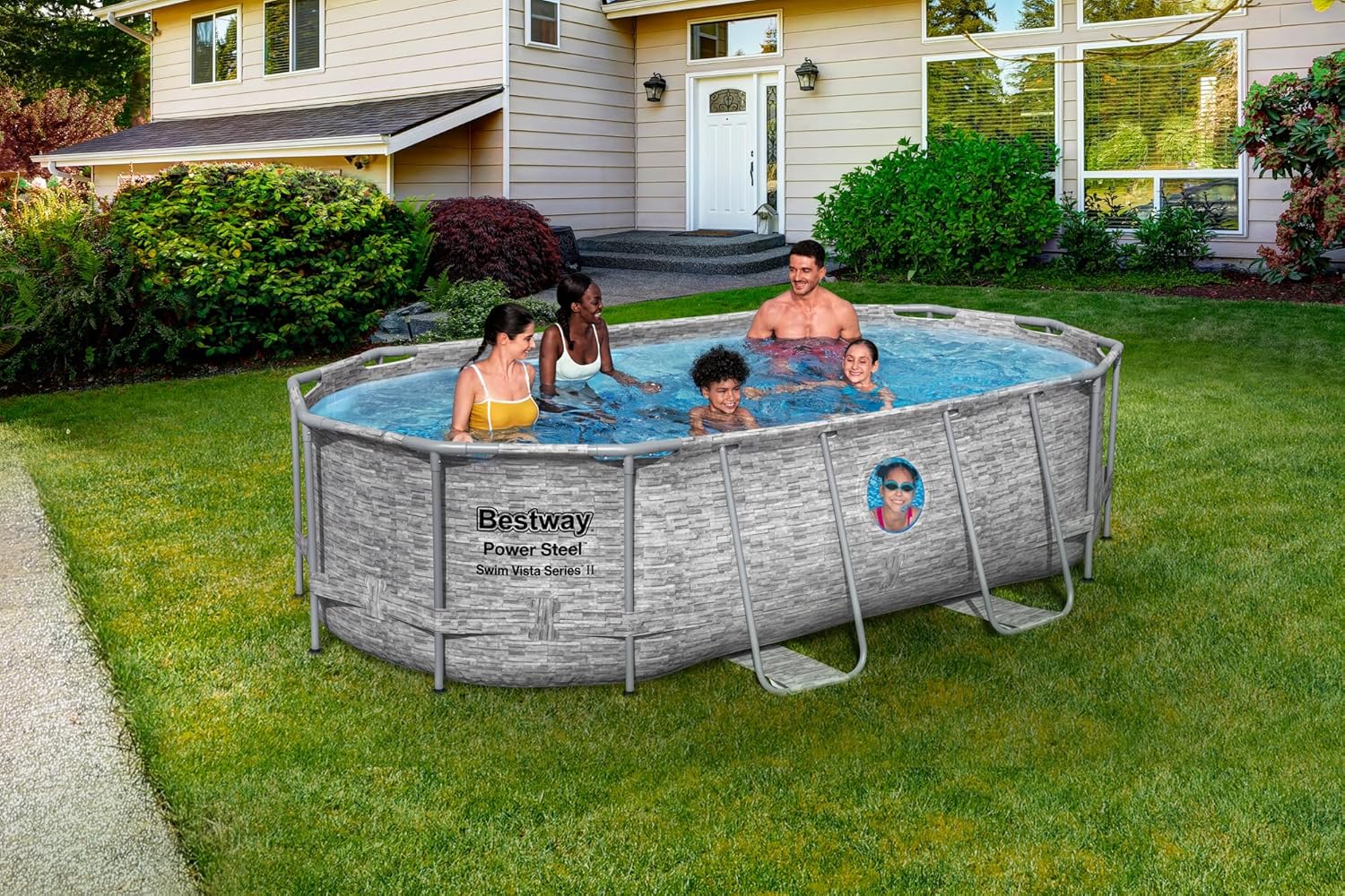 Bestway® Ersatzpool (ohne Zubehör) Power Steel Swim Vista Series Frame Pool/Aufstellbecken, 427 x 250 x 100 cm, oval, braune Rattan-Optik