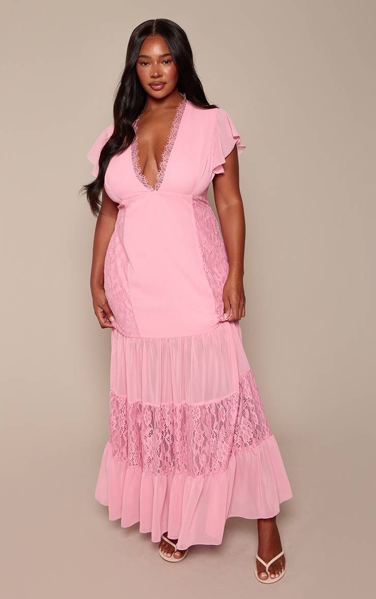 Rose Robe Longue Grande Taille En Satin Avec Empiècements En Dentelle Contrastée