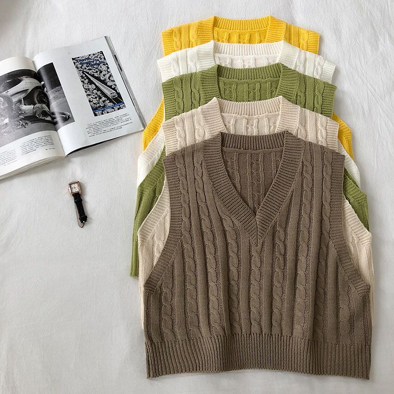 DIYI - Effen kabelgebreid vest met V-hals
