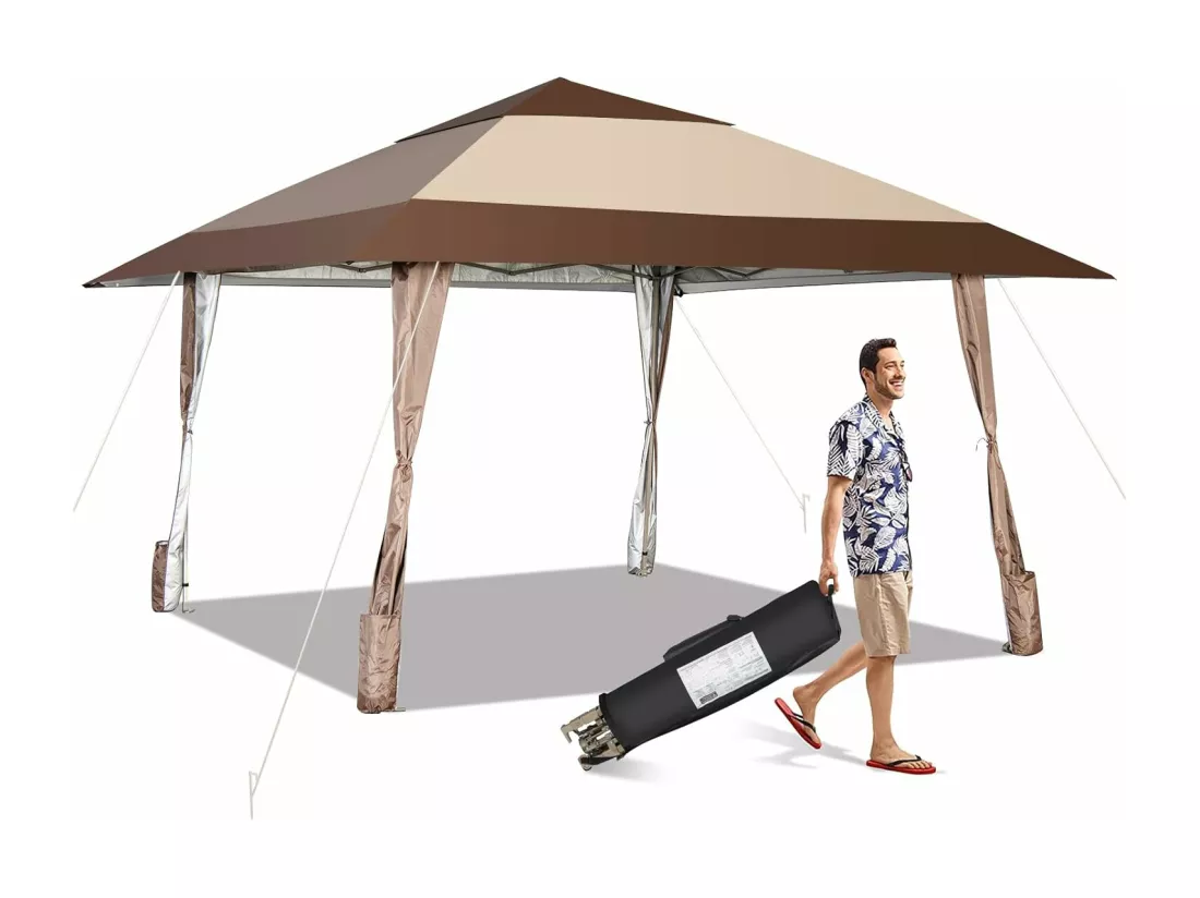 Tonnelle de Jardin Pliante 4M x 4M avec Supports en Fer et Roues/Tente de Reception Imperméable + à Hauteur 265-285CM Avant-Toits, pour 8-10 Personnes-Beige