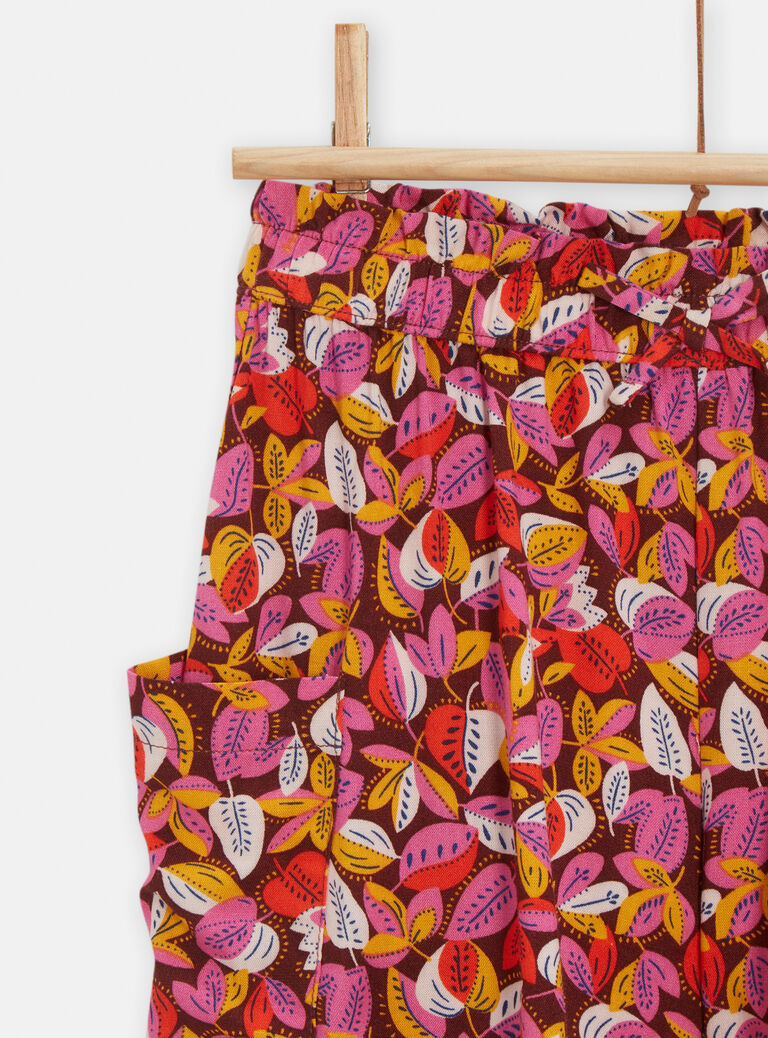 Short fluide marron imprimé feuilles pour fille