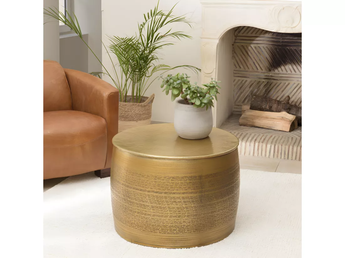 HONORE - Table basse alu 60x60cm couleur laiton pied motifs arabesques