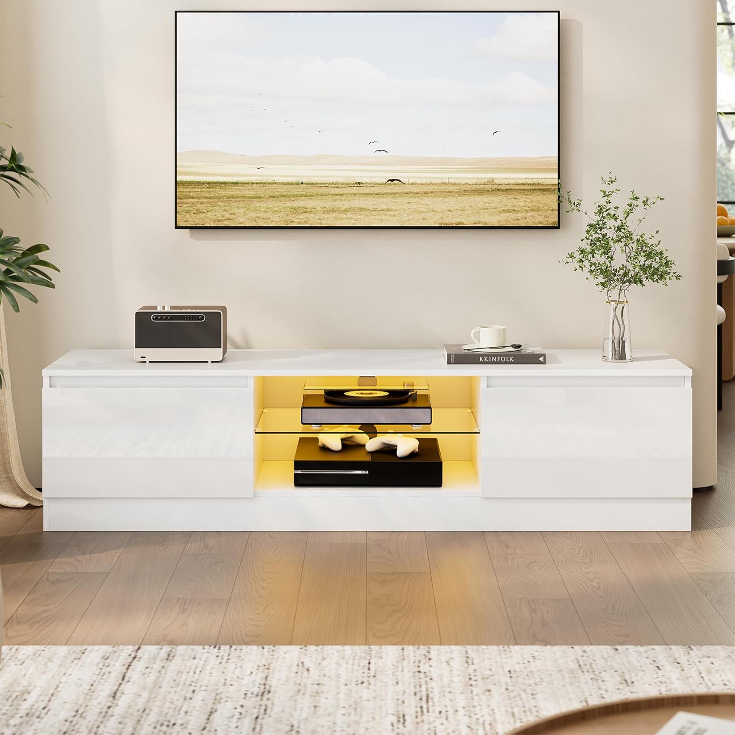 TV Schrank mit 16 Farben LED Beleuchtung und 2 Türen, 160 cm Lang, TV Board, Lowboard Stehend für Fernseher bis zu 70 Zoll, Fernsehtisch für Schlafzimmer, Wohnzimmer, Esszimmer (Weiß)