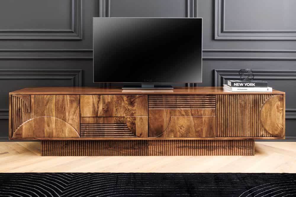 Massives TV-Board ART DECO 200cm braun Mangoholz Lowboard 3D-Front