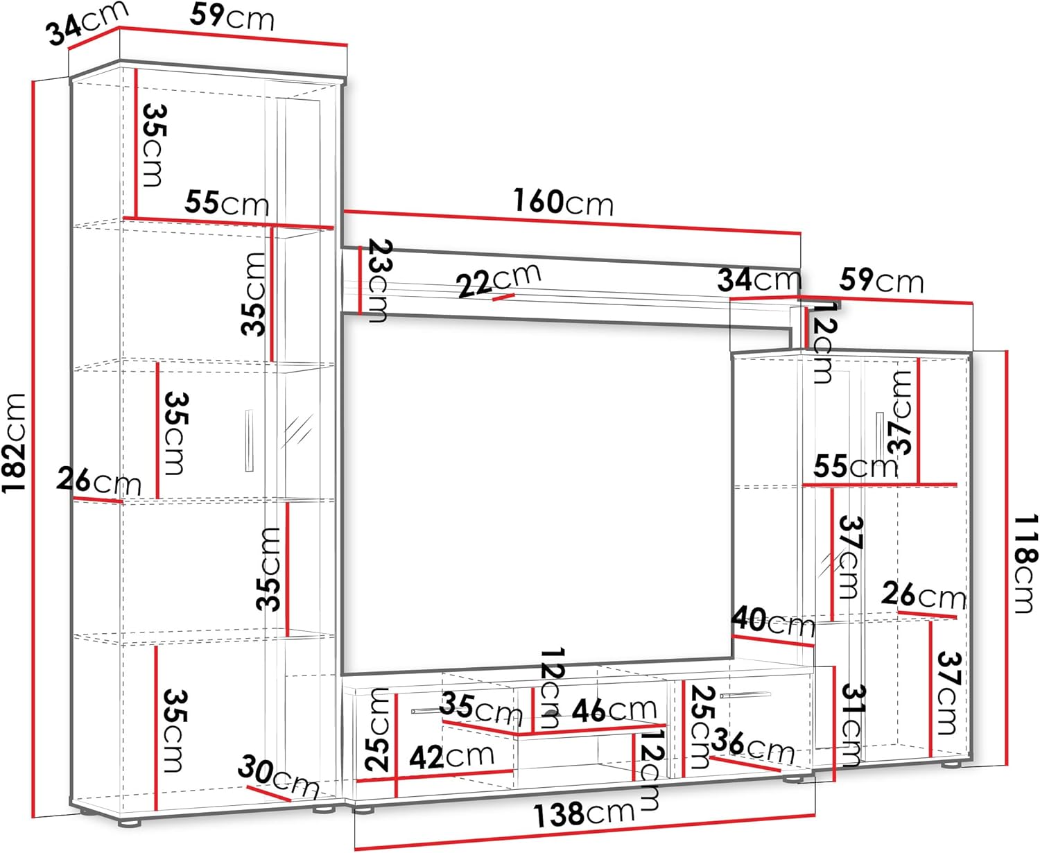 Mirjan24 Wohnwand Bentley, Praktische Anbauwand, Schrankwand, Mediawand, mit viel Stauraum, Top-Qualität (Country Oak Grey/Schwarz, ohne LED Beleuchtung)