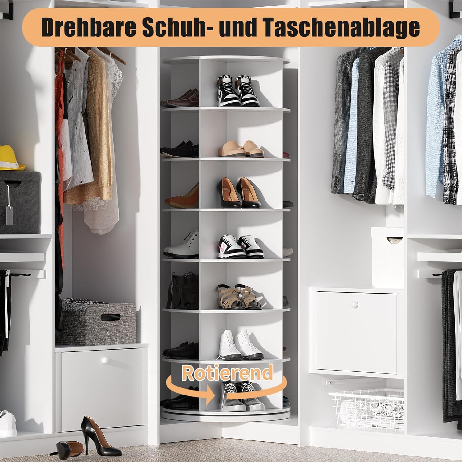 TWSOUL Drehbares Schuhregal mit 7 Ebenen, 360-Grad Drehbarer Schuhschrank Hoch Runder Schuhorganizer Schuhschrank-Organisation Weiß für Schuhe und Handtaschen