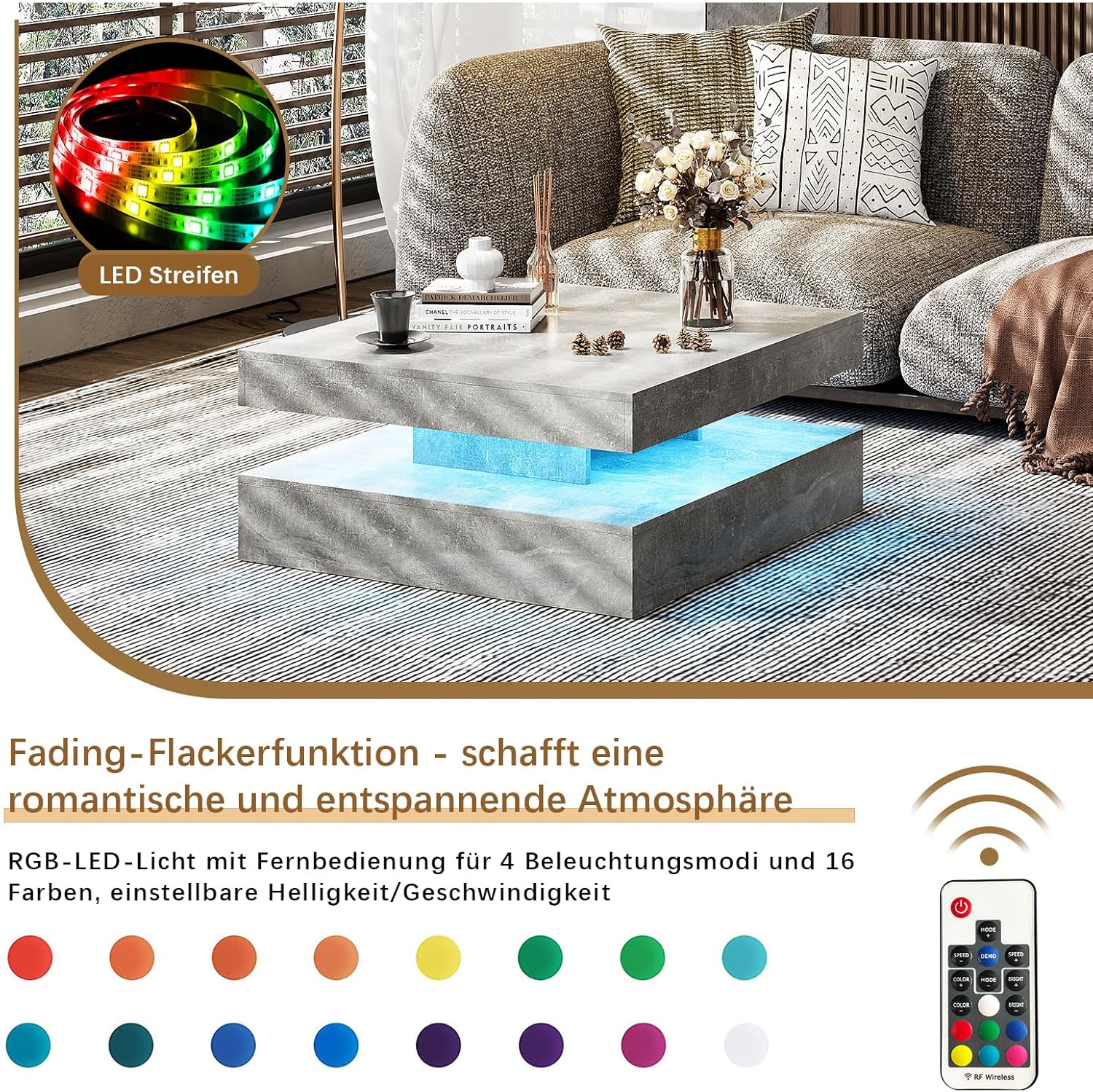 Couchtisch Wohnzimmertisch grau Matt, Sofatisch mit LED Beleuchtung modern für Wohnzimmer, 78 x 78 x 40 cm (Grau)