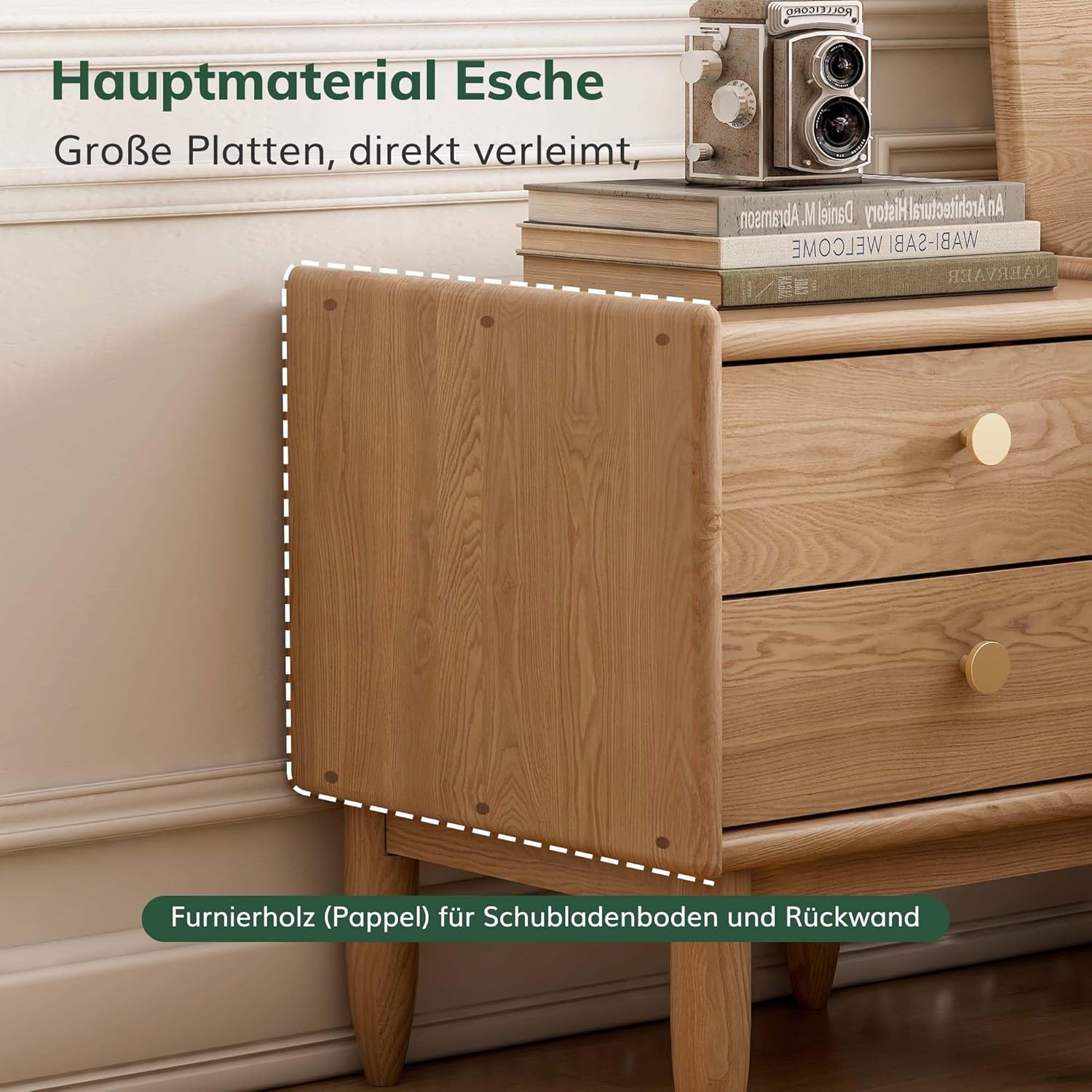 YESWOOD Massivholz Nachttisch mit 2 Schubladen, Nachtschrank aus Eschenholz, Vintage nachttisch, klassisches Design, für Schlafzimmer, bietet Stauraum, 40 x 36 x 46 cm, Naturholzfarbe