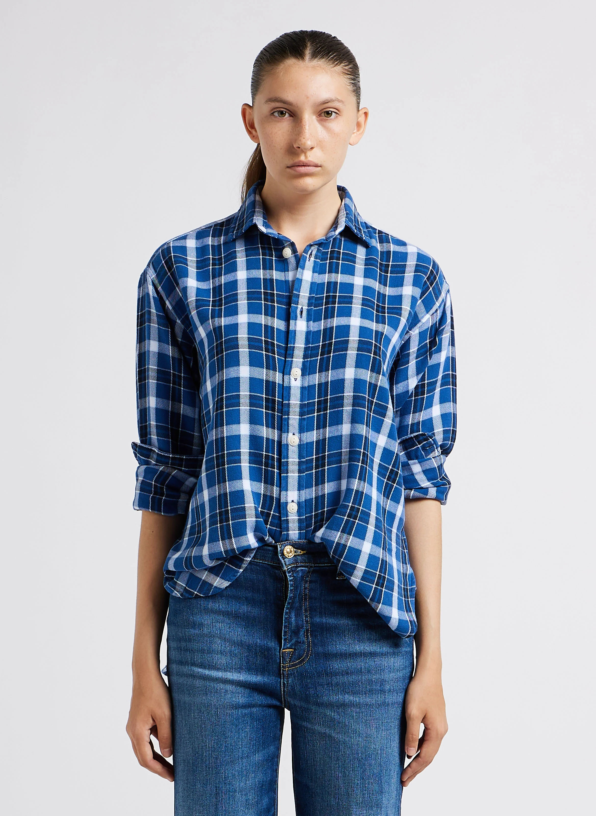 Chemise col classique à carreaux en coton | Bleu