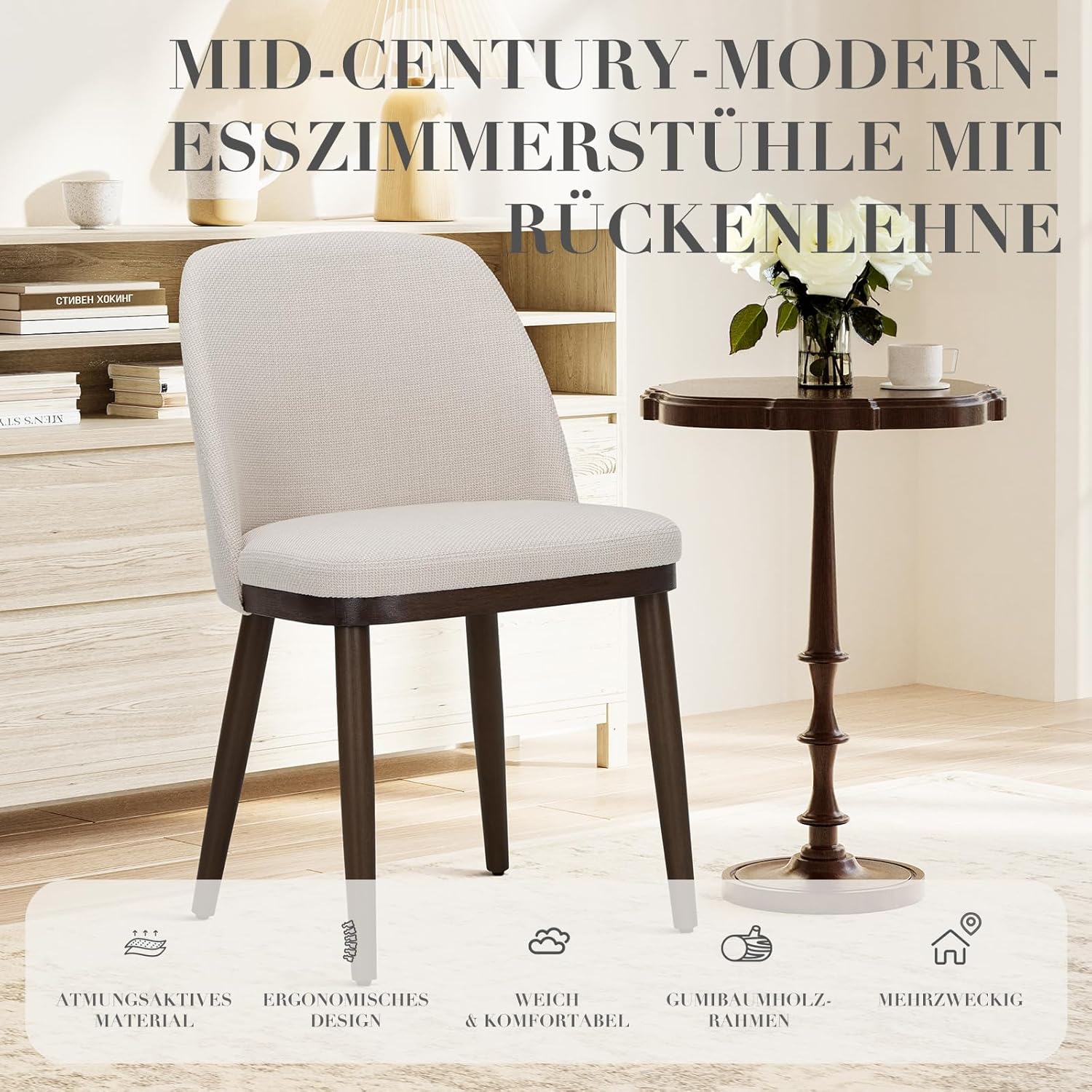 COLAMY Gepolsterte Esszimmerstühle 4er Set, Moderne Küchenstühle mit Rückenlehne, Stoffstuhl mit Holzbeinen für Esszimmer, Küche, Restaurant, Beige
