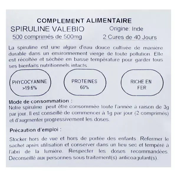 Valebio Spirulina 500mg Orgânica 500 comprimidos