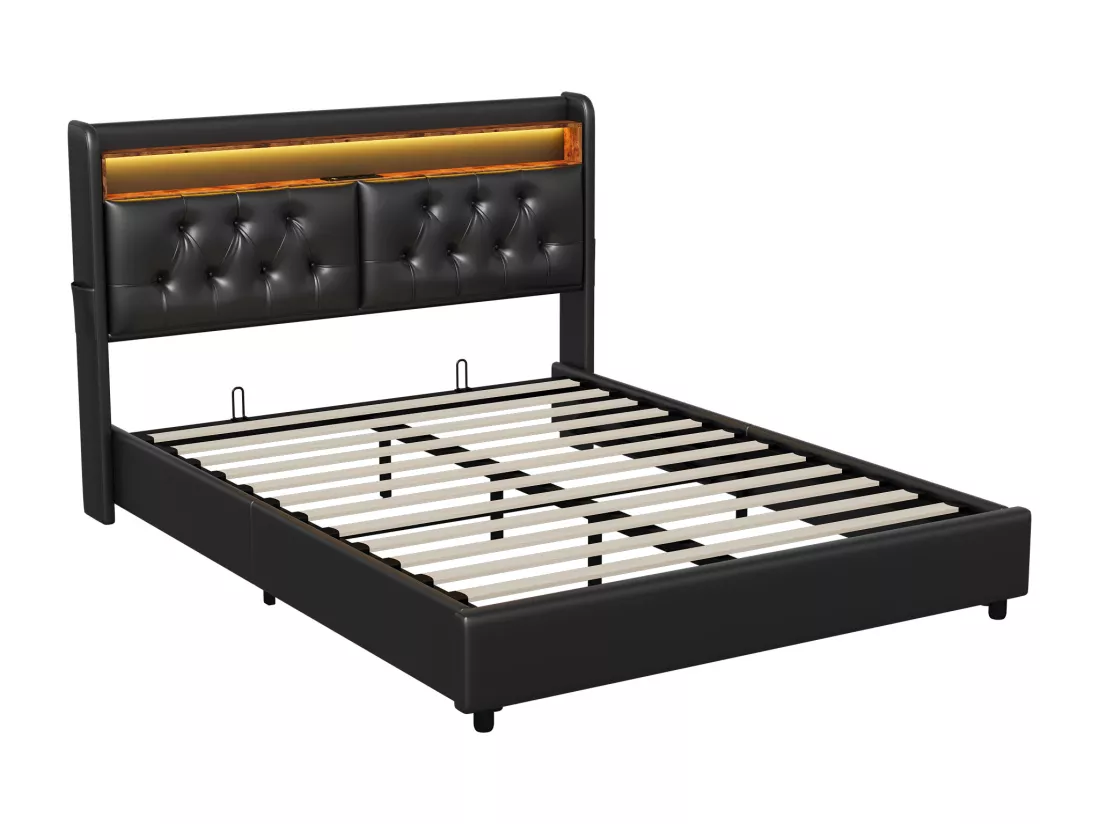 Lit coffre 180x200cm - lit double avec sommier à lattes et tête de lit LED avec étagères et port charge - cuir noir