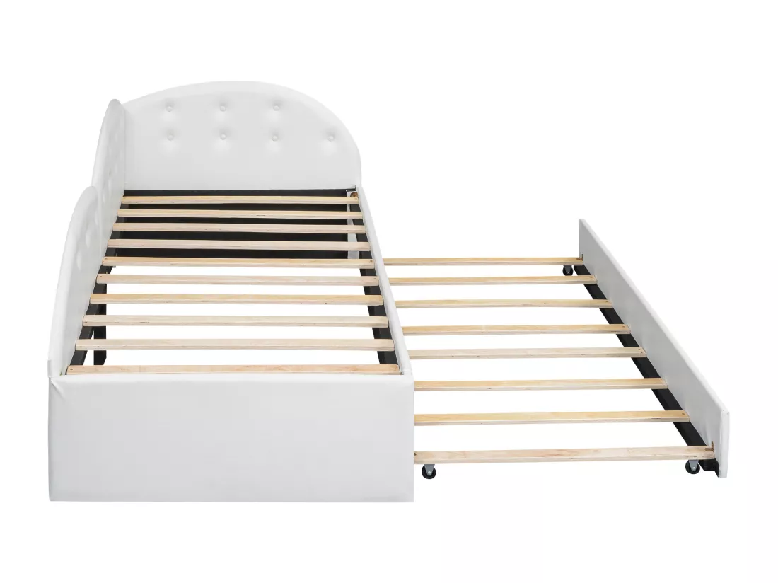Lit gigogne 90 x 200 cm + 80 x 190 cm avec tête de lit - Cuir PU - sommier à lattes - coloris blanc