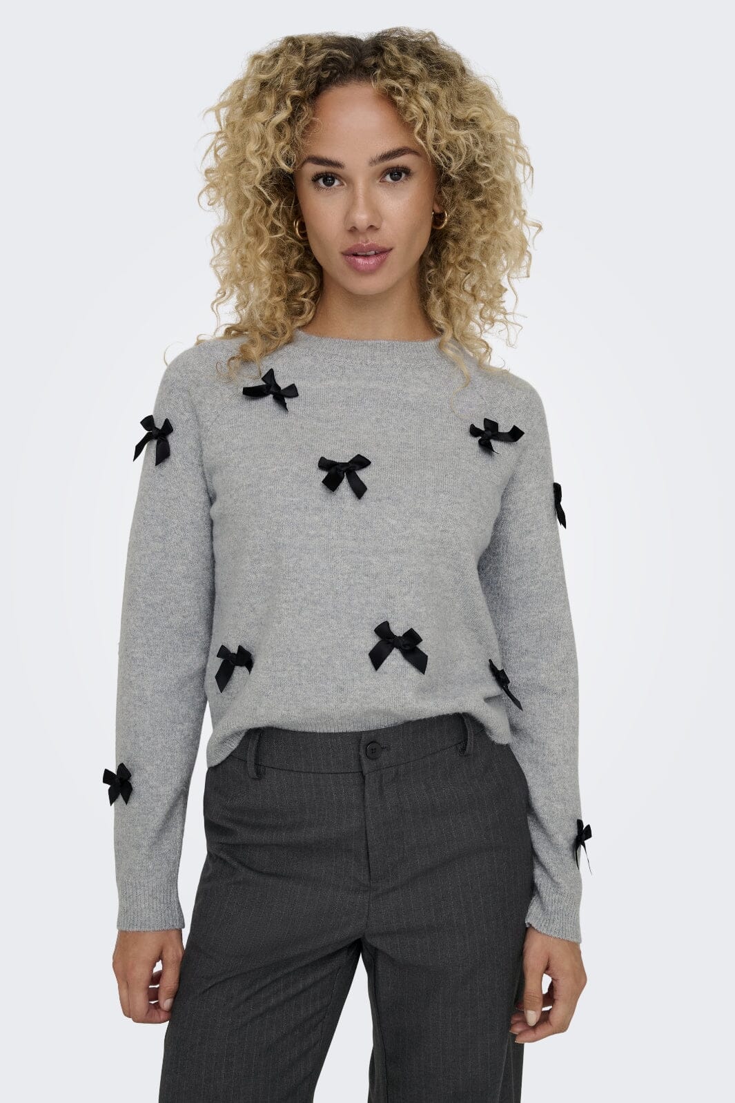 Only Onlnoelle Life Ls Bow Pullover Knt 4726981 light grey melange w black bows